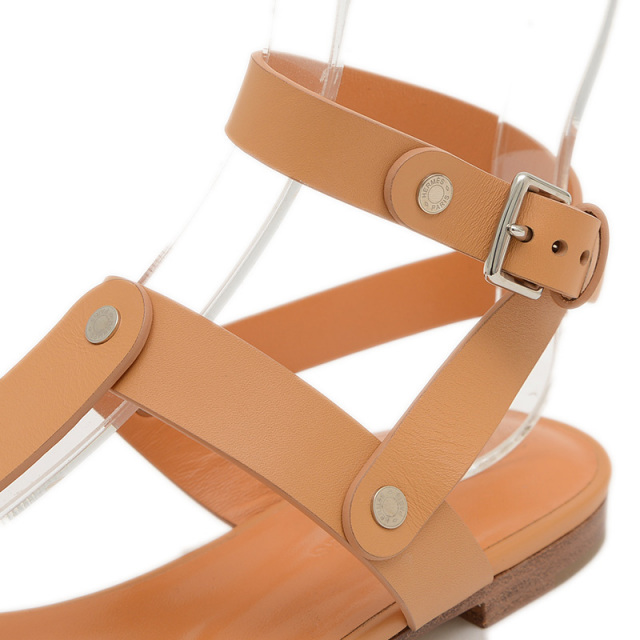 HERMÈS トングサンダル ベージュ系 エルメス トングサンダル アンクルストラップ セリエボタン レザー