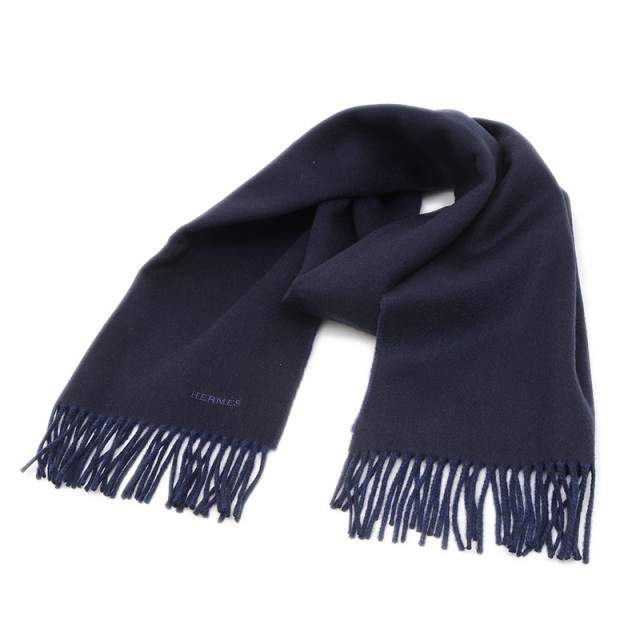 HERMES ネイビー 100%カシミヤ マフラー HERMES 100%カシミヤ マフラー ネイビー