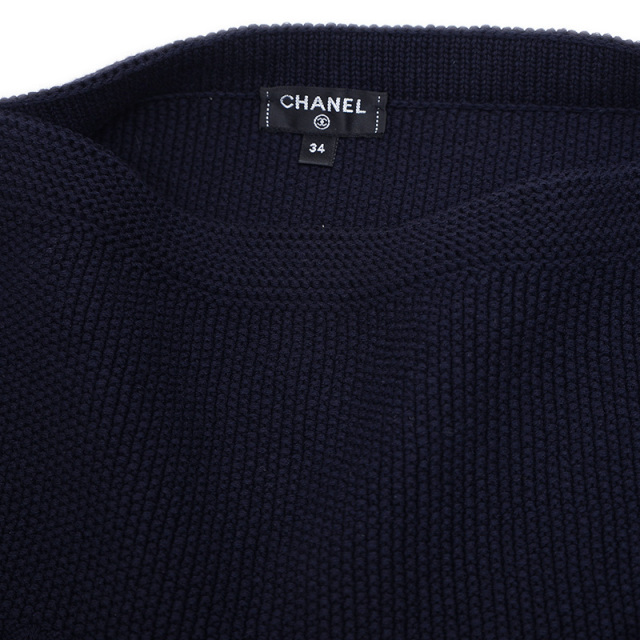 CHANEL シャネル ココボタン タートル五分袖ニット ネイビー シャネル ケーブルニット ココボタン ショート丈 コットン ネイビー