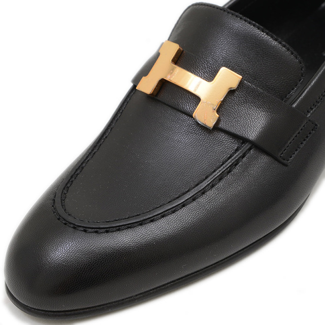 エルメス HERMES 黒 ファー レザー モカシン エルメス モカシン ローファー ”ホット” 黒 ブラック #36 【新品