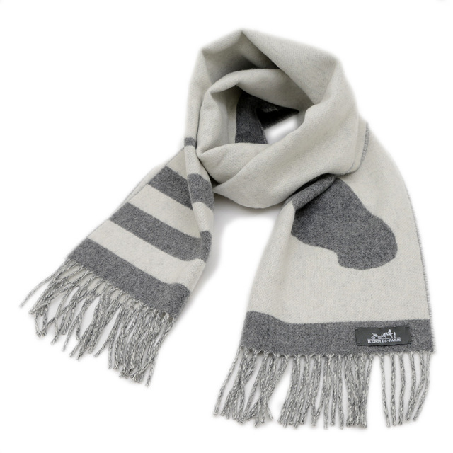 HERMES カシミヤ マフラー グレー/ホワイト フリンジ付き HERMES カシミヤ マフラー グレー/ホワイト フリンジ付き グレー