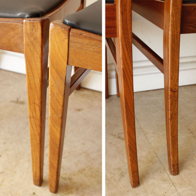 ジープラン（G-plan）製ビンテージダイニングチェアの脚のダメージ