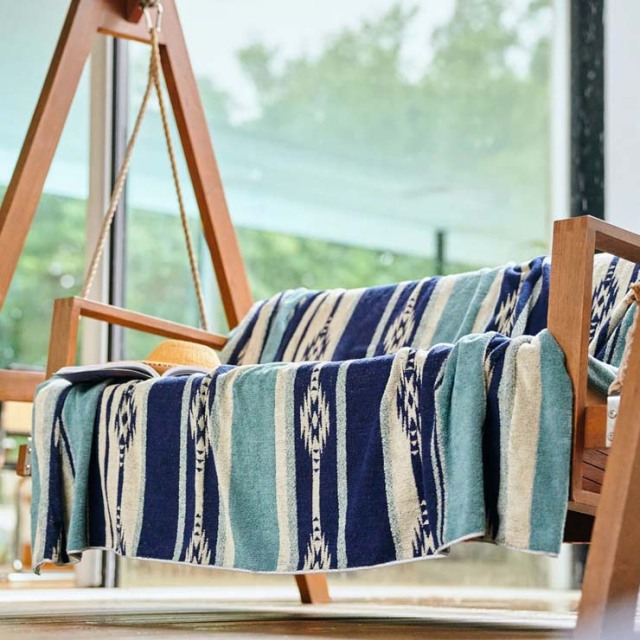 basshu今治コットンパイルブランケット Native Border BLUE Lサイズ　888007
