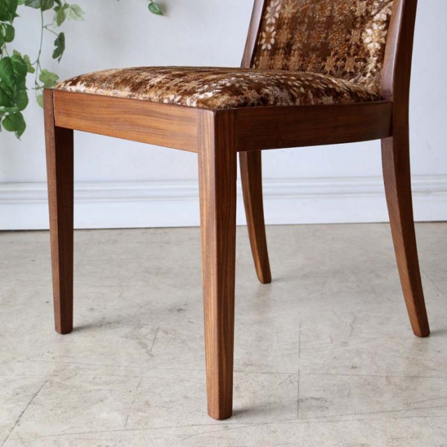 ダイニングチェア、茶色の木製枠組みに背もたれと座面は花柄のウール生地、122099a