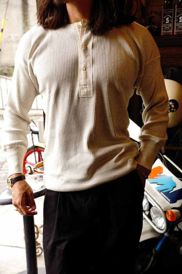 Olde Homesteader "Henley Neck Longsleeve" - Swedenish Army Rib - ECRU HEATHER