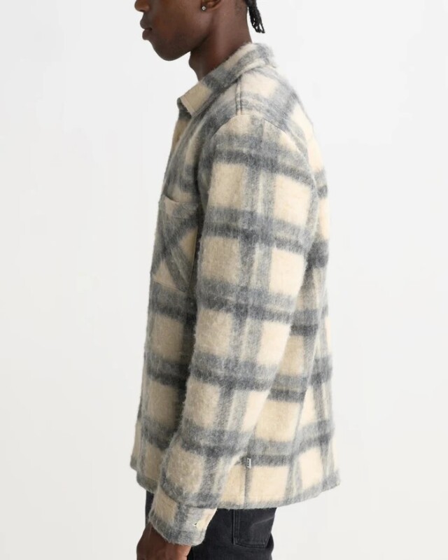 wax london Whiting - Ecru And Grey Check Wool Blend Overshirt