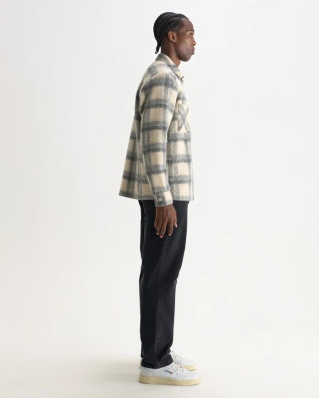 wax london Whiting - Ecru And Grey Check Wool Blend Overshirt