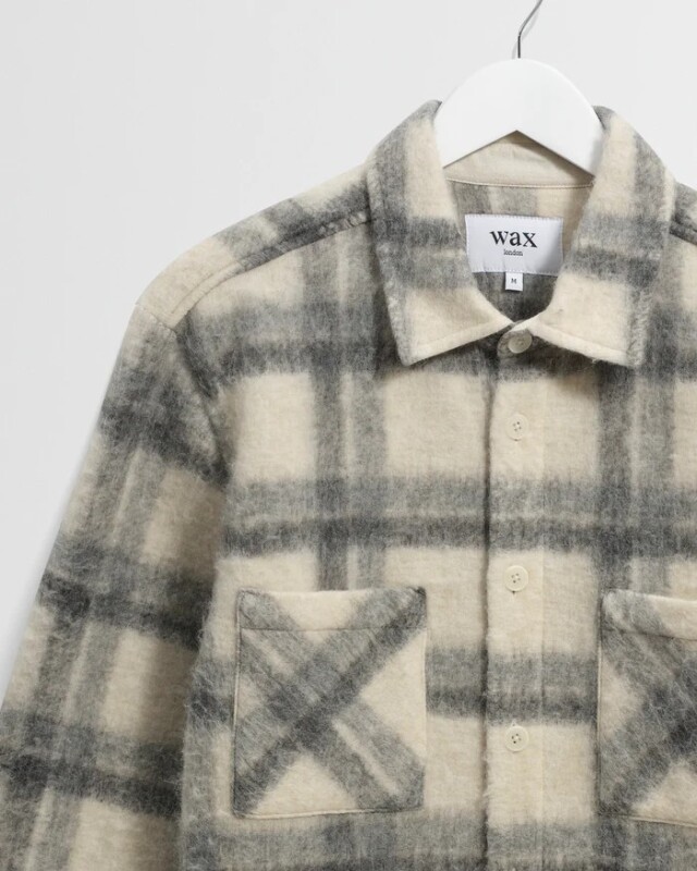 wax london Whiting - Ecru And Grey Check Wool Blend Overshirt