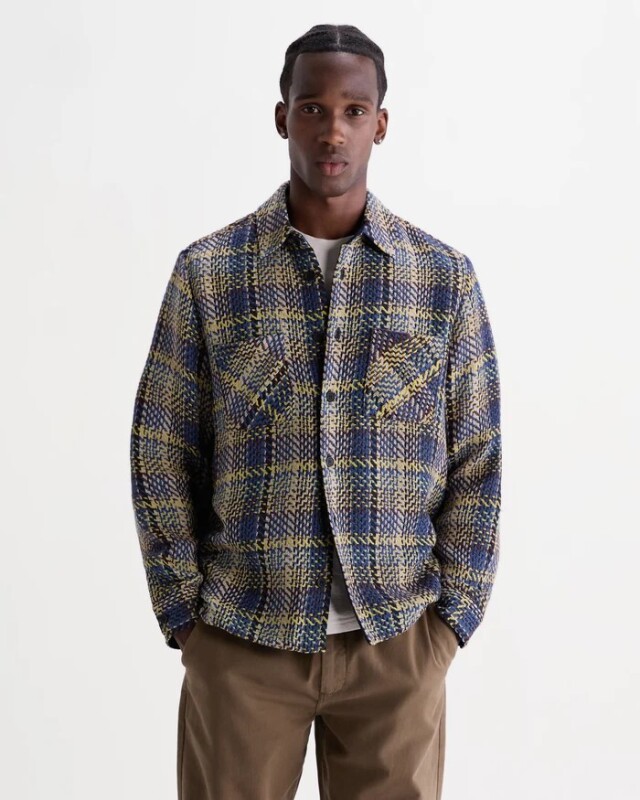 wax london Whiting - Blue And Multicolour Grain Check Overshirt