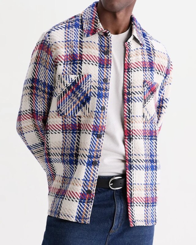 wax london Whiting - Ecru And Red Jazz Weave Check Overshirt