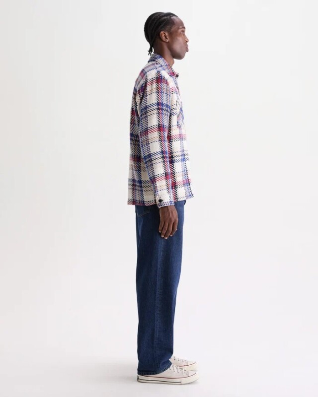 wax london Whiting - Ecru And Red Jazz Weave Check Overshirt