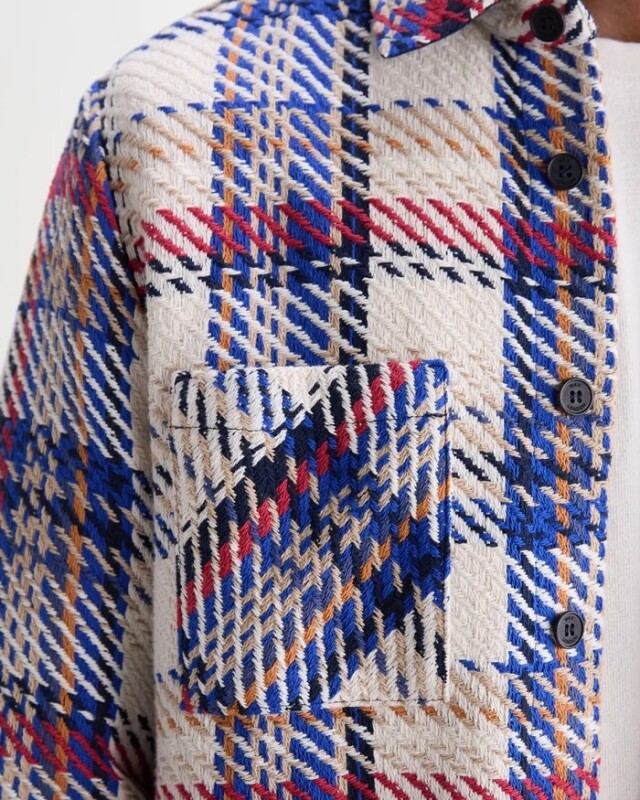 wax london Whiting - Ecru And Red Jazz Weave Check Overshirt