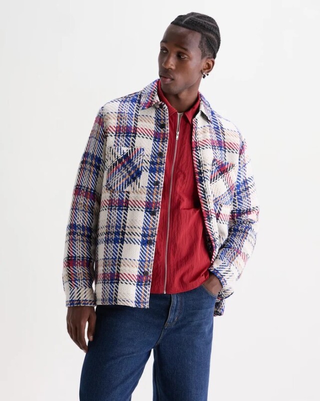 wax london Whiting - Ecru And Red Jazz Weave Check Overshirt