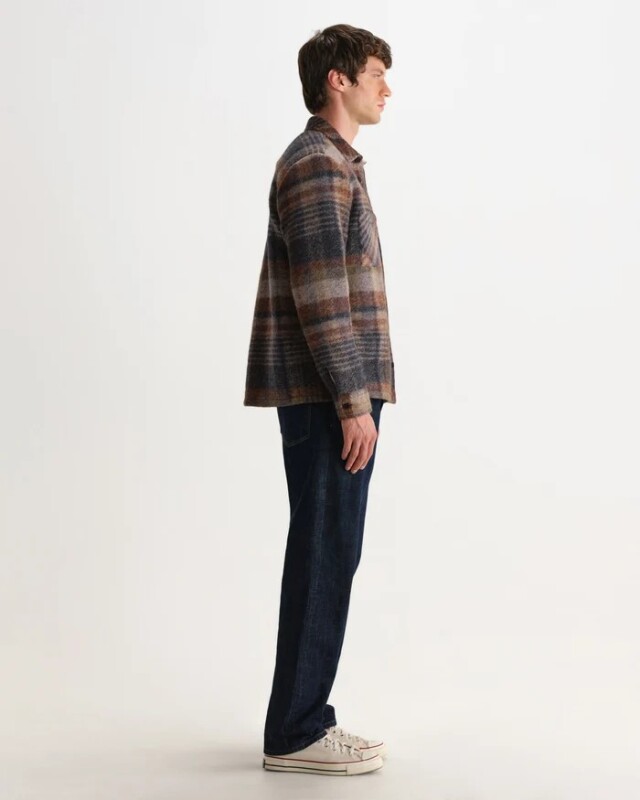 wax london Whiting - Oatmeal And Multicolour Check Wool Blend Overshirt
