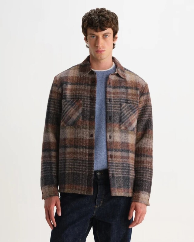 wax london Whiting - Oatmeal And Multicolour Check Wool Blend Overshirt