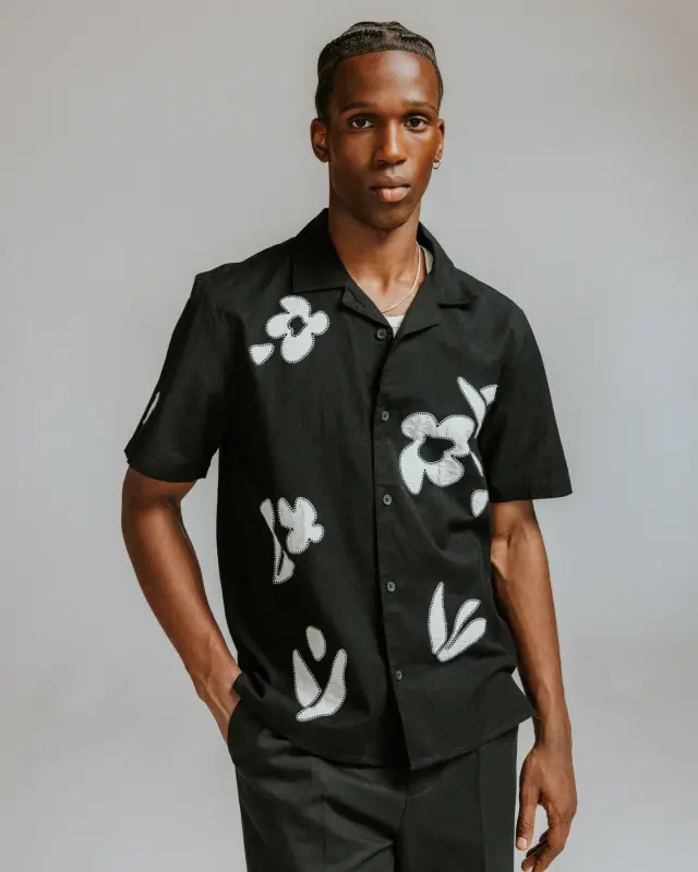 wax london Didcot - Black And Beige Abstract Applique Short-Sleeve Shirt