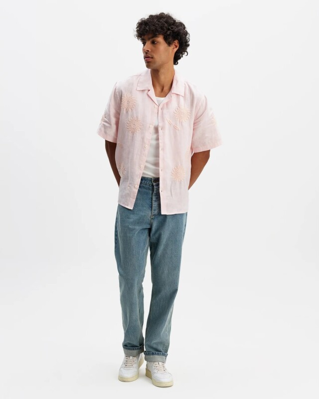 wax london Didcot - Pink Flower Embroidered Short-Sleeve Shirt