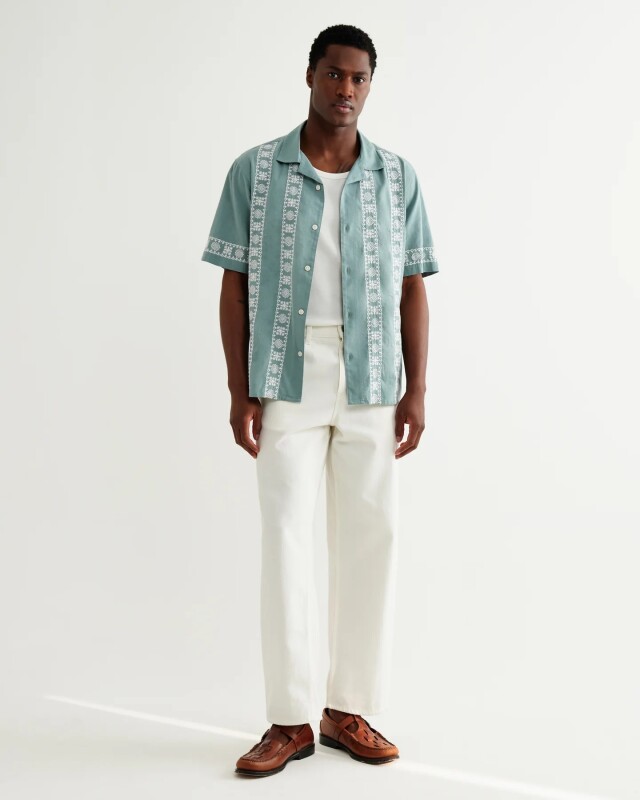 wax london Didcot - Sea Green And Ecru Embroidered Short-Sleeve Shirt