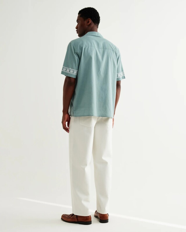 wax london Didcot - Sea Green And Ecru Embroidered Short-Sleeve Shirt