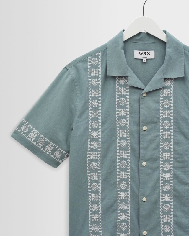wax london Didcot - Sea Green And Ecru Embroidered Short-Sleeve Shirt