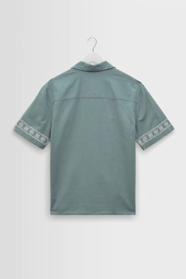 wax london Didcot - Sea Green And Ecru Embroidered Short-Sleeve Shirt