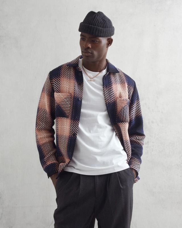 wax london "Whiting Overshirt" Navy/Pink Dusk Check