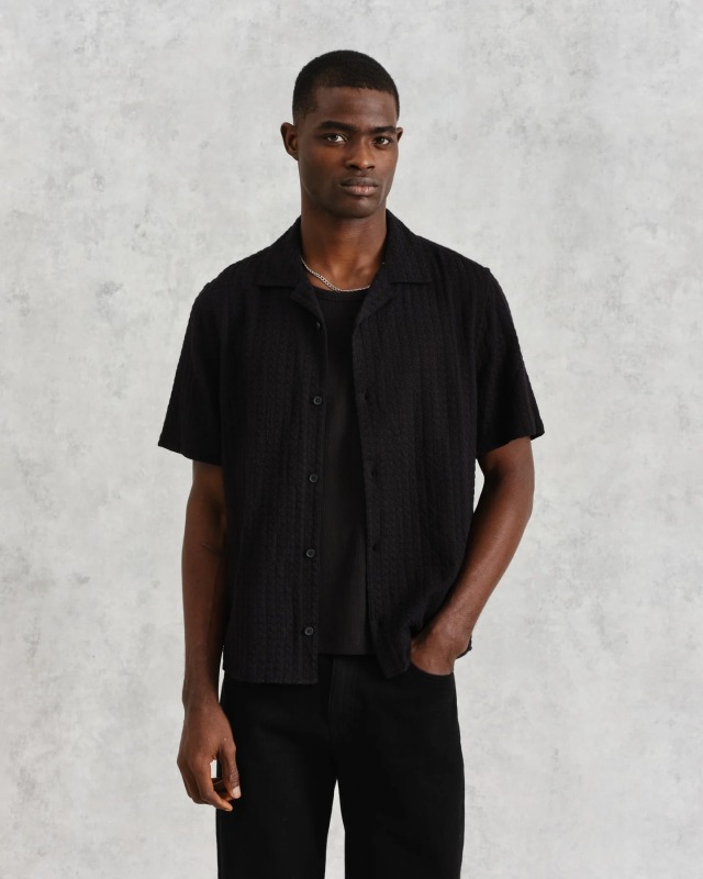 wax london "Didcot Shirt" Black Wave Textured Stripe