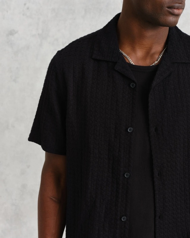wax london "Didcot Shirt" Black Wave Textured Stripe