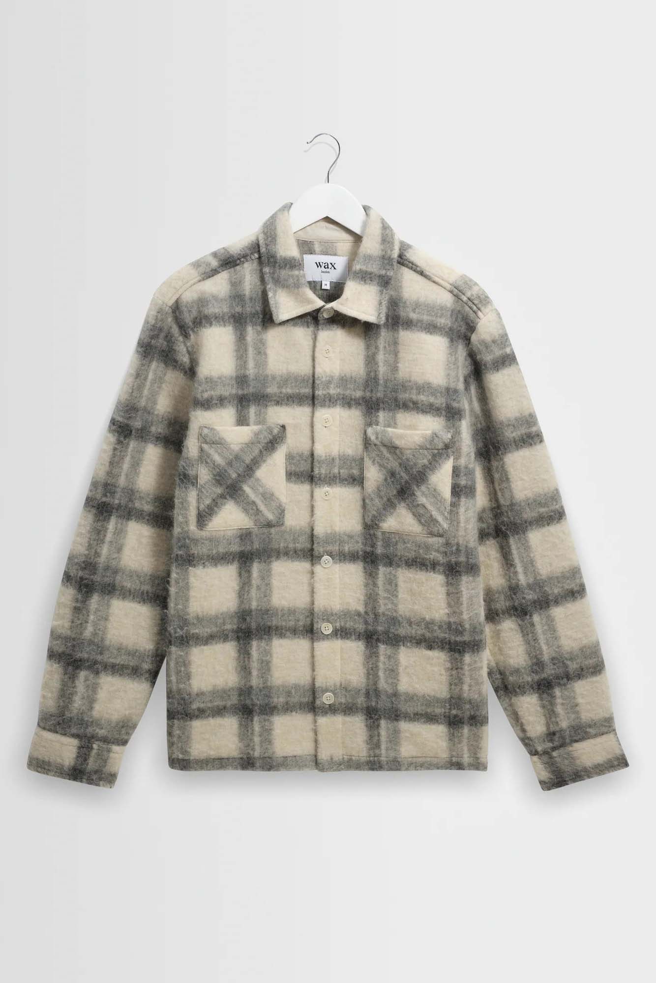 wax london Whiting - Ecru And Grey Check Wool Blend Overshirt