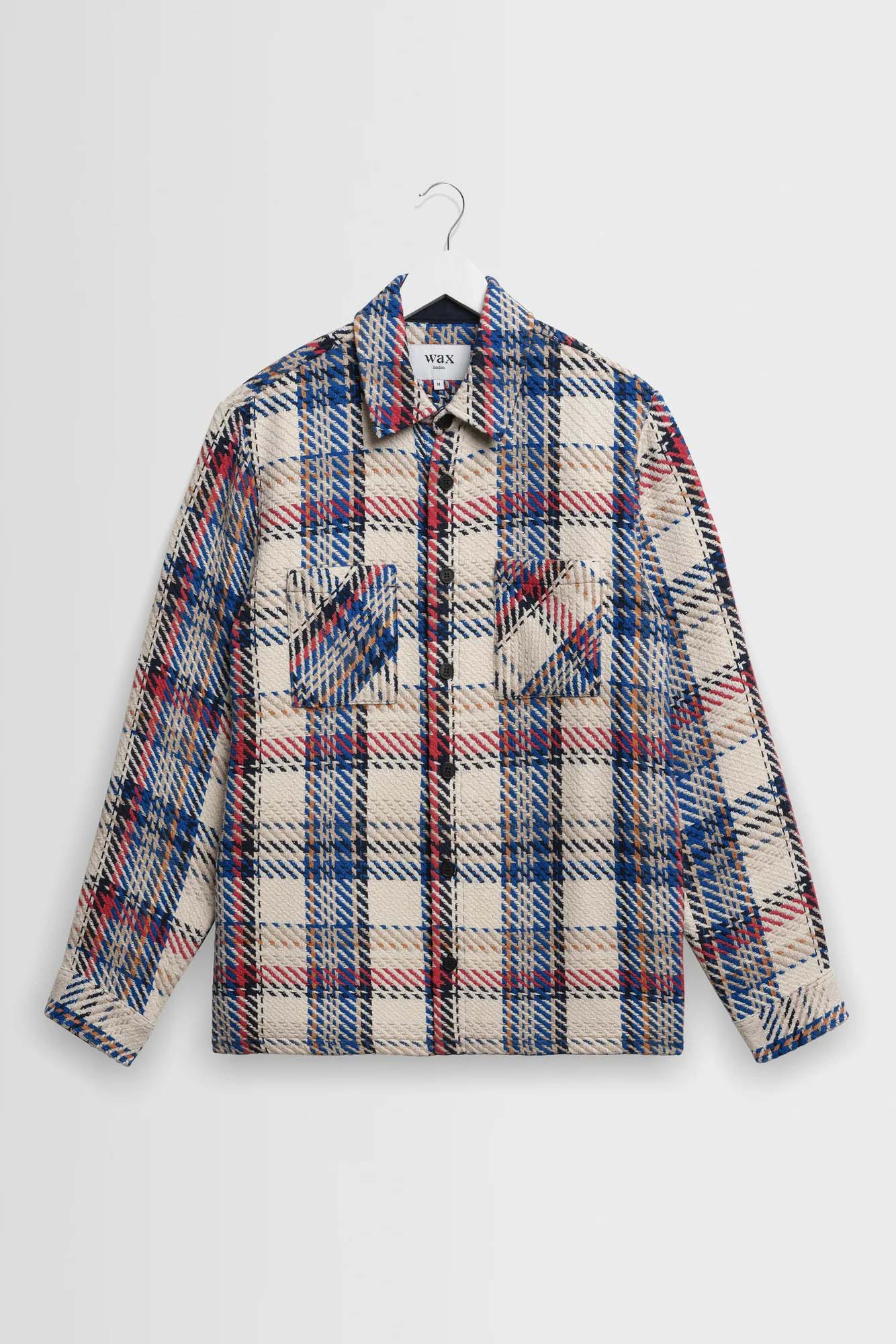 wax london Whiting - Ecru And Red Jazz Weave Check Overshirt