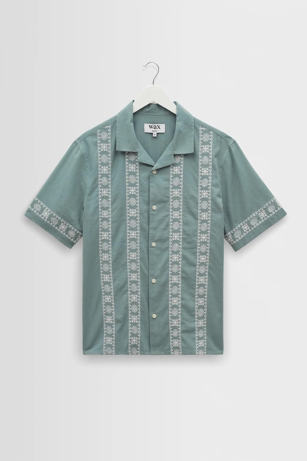 wax london Didcot - Sea Green And Ecru Embroidered Short-Sleeve Shirt