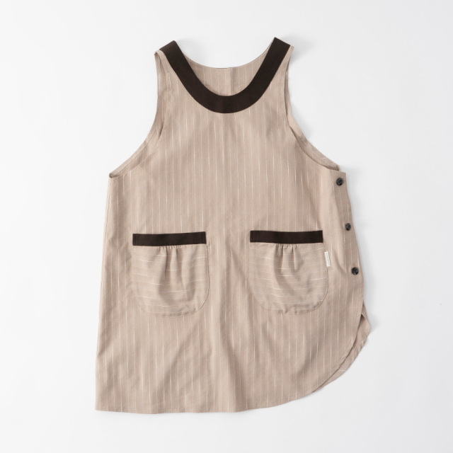 3つボタンエプロン 新生地ストライプベージュ 綿ナイロン お尻がかくれるチュニック型 送料無料
