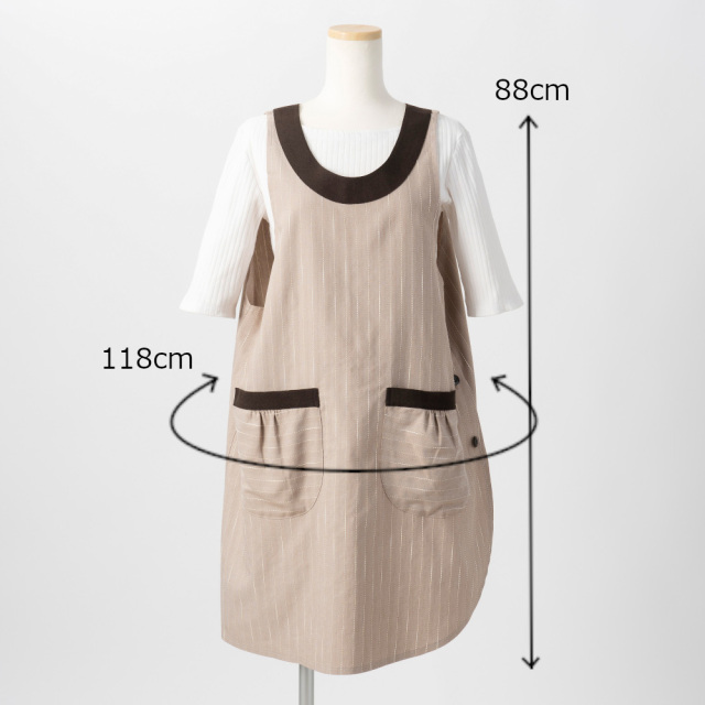 3つボタンエプロン 新生地ストライプベージュ 綿ナイロン お尻がかくれるチュニック型 送料無料