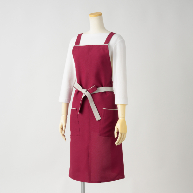 新しい生地》男女兼用エプロン【ボルドー】撥水撥油ポリエステル100