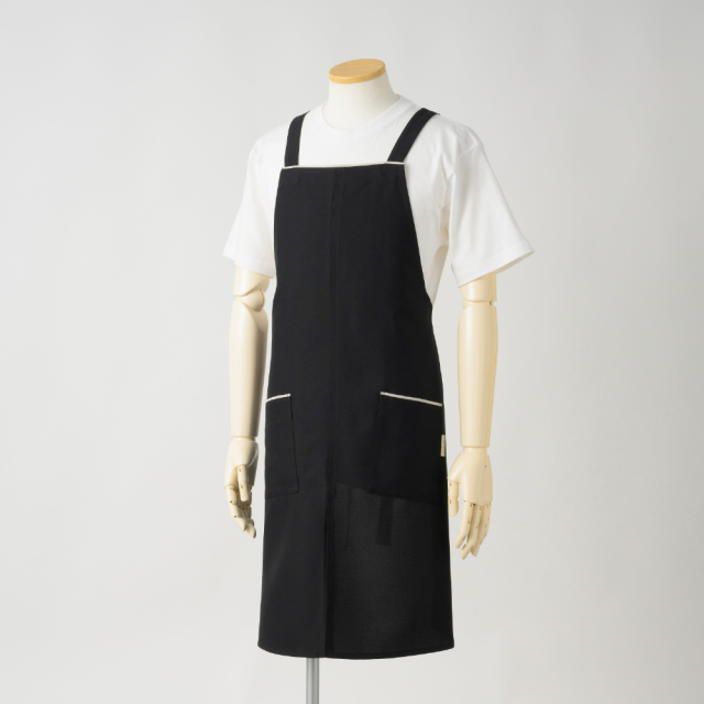 新しい生地》男女兼用エプロン【黒】撥水撥油ポリエステル100％・ノー
