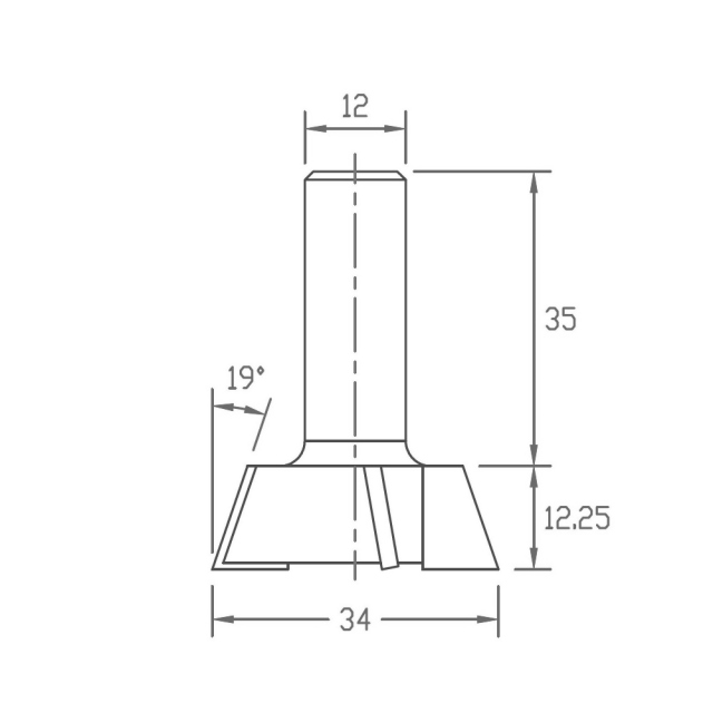 3枚刃 19度「アリ溝」ビット 刃径34mm (12mm軸) ｜ルータービットBTMT