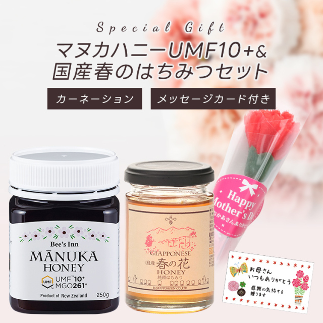 3/31迄早期割引10% 【母の日ギフト】送料無料 マヌカハニーUMF10+&国産はちみつ春蜜セット 3種の選べるメッセージカード ご注文受付期間は5月7日12:00まで！