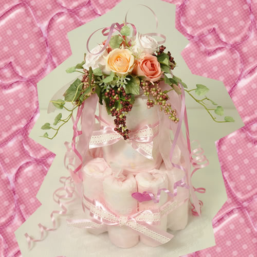 【おむつケーキ】ピンクブーケケーキ