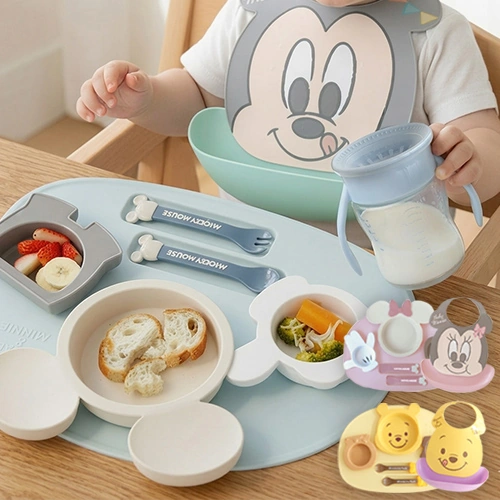 【出産祝い ベビー食器】ミッキー・ミニー アイコンランチプレート+名前入りお食事スタイエプロンセット