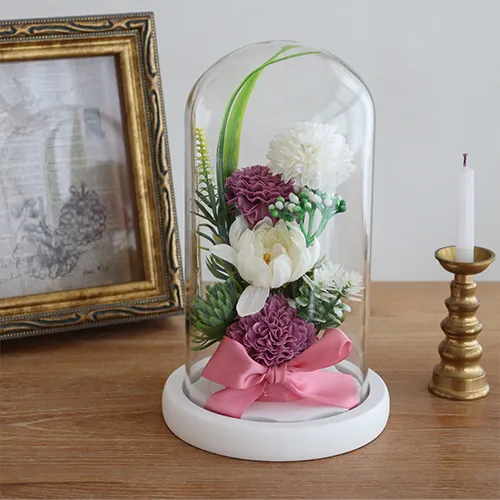 ソープフラワー 仏花 お供え花 ガラスドーム紫苑（しおん）