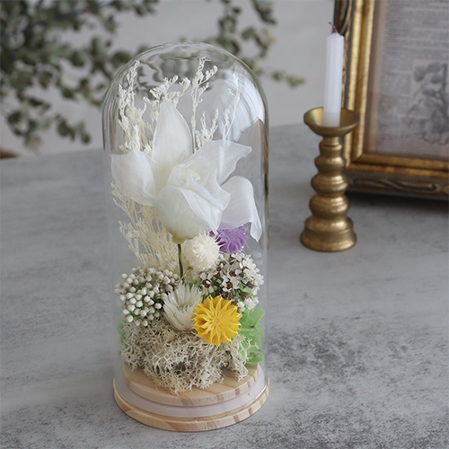 プリザーブドフラワー 仏花 お供え花 ガラスドーム白雫（しずく）