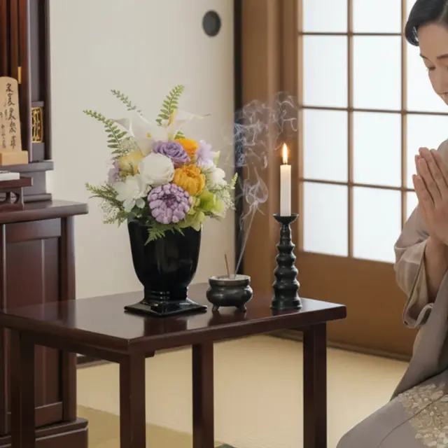 プリザーブドフラワー 仏花 お供え花 風月(ふうげつ)　花器付