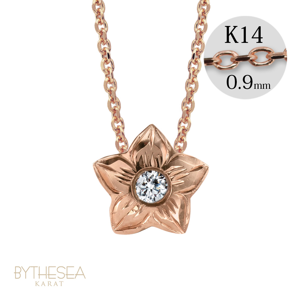 ハワイアンジュエリー 一粒ダイヤモンド プルメリア ネックレス カットあずきチェーン太さ0.9mm CG-GP102R-CH123