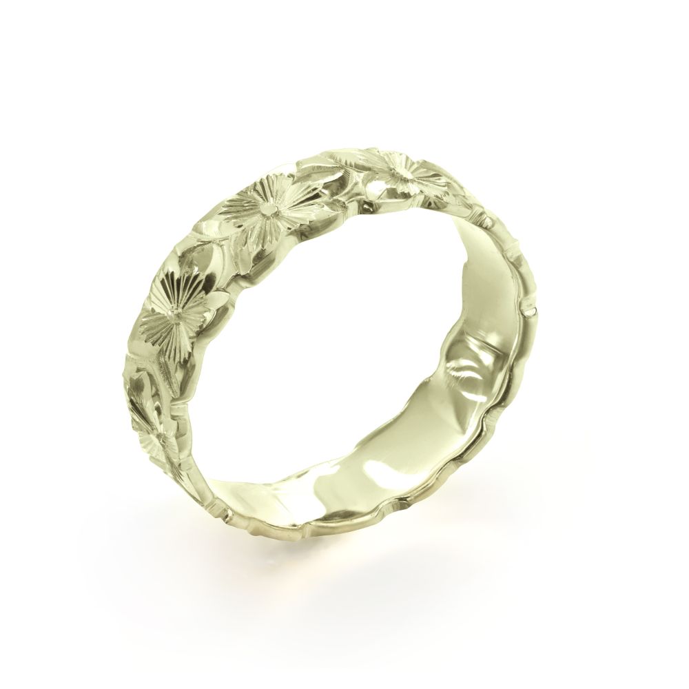 14Kグリーンゴールド フラット 幅4mm 厚み1.2mm プルメリア カットアウト リング GF4D-A