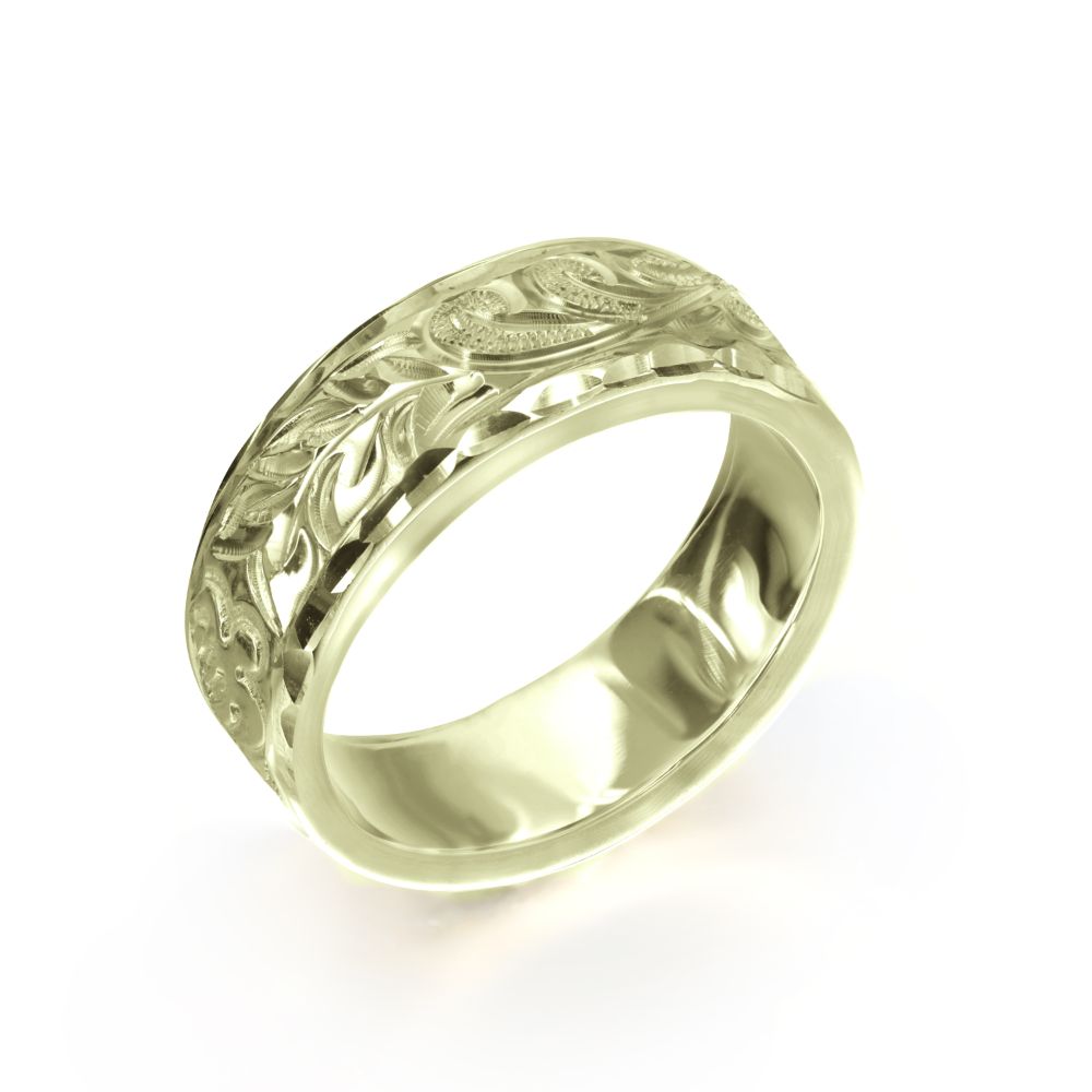14Kグリーンゴールド フラット 幅6mm 厚み1.5mm マイレ＆カレイキニ ダイヤモンドカット リング GF6C-C15