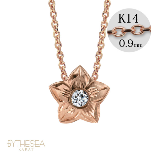ハワイアンジュエリー 一粒ダイヤモンド プルメリア ネックレス カットあずきチェーン太さ0.9mm CG-GP102R-CH123
