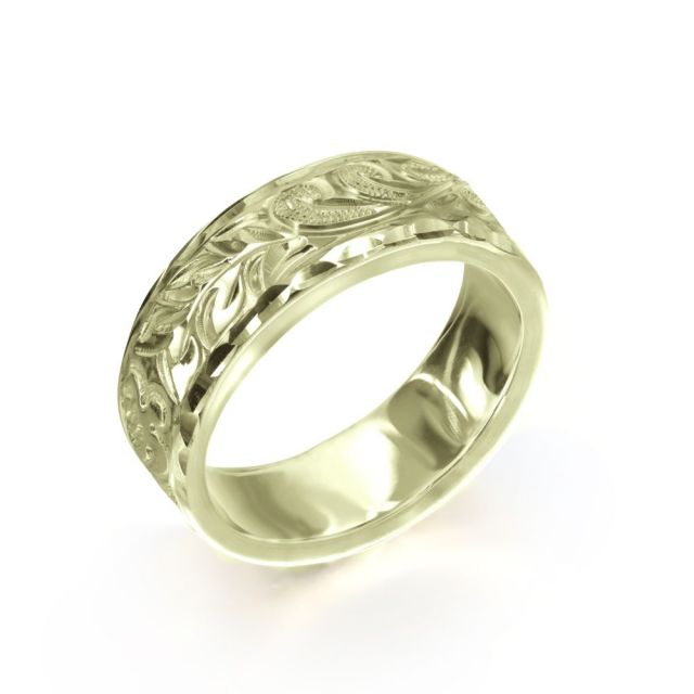 14Kグリーンゴールド フラット 幅6mm 厚み1.5mm マイレ＆カレイキニ ダイヤモンドカット リング GF6C-C15