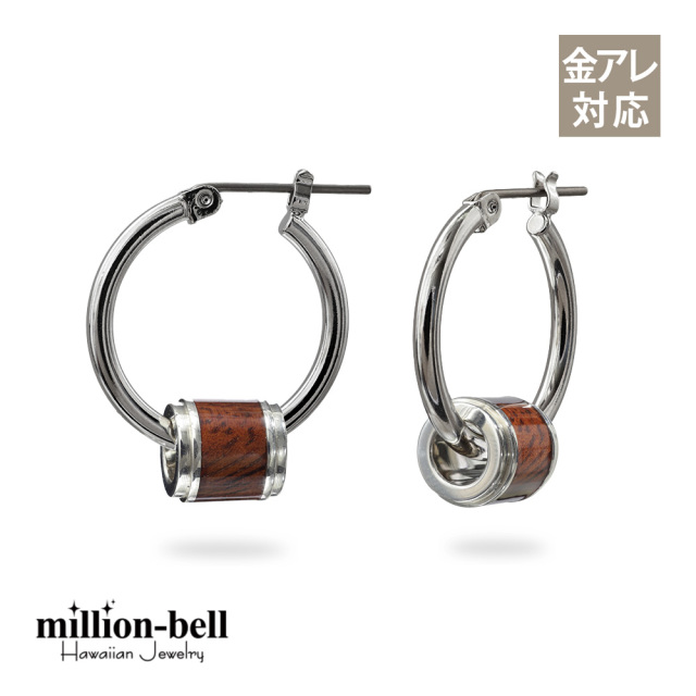 ハワイアンジュエリー コアウッドバレル フープピアス 金属アレルギー対応 純チタンポスト HE-SWP1001