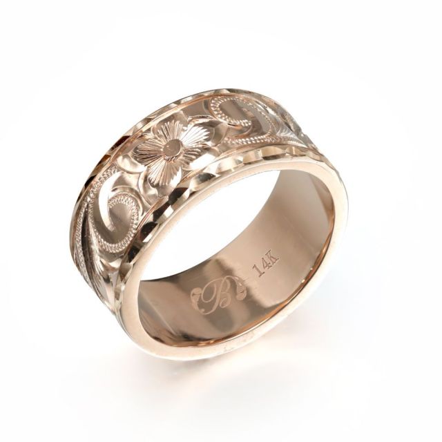 14Kピンクゴールド フラット 幅8mm 厚み1.5mm スクロール ダイヤモンドカット リング PF8A-C15