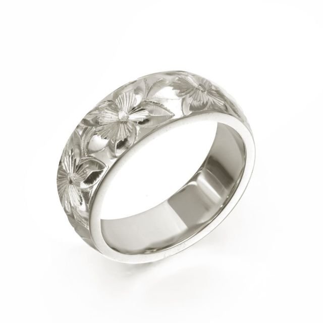 14Kホワイトゴールド バレル 幅6mm 厚み1.5mm プルメリア ノーエッジ リング WB6D-E15
